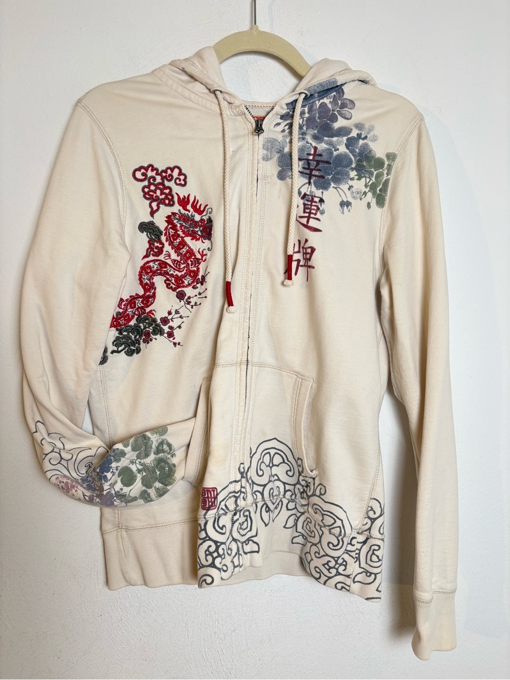 LUCKY BRAND Vintage Y2K Asian Embroidered Glitter Dragon Zip Hoodie Jacket L
